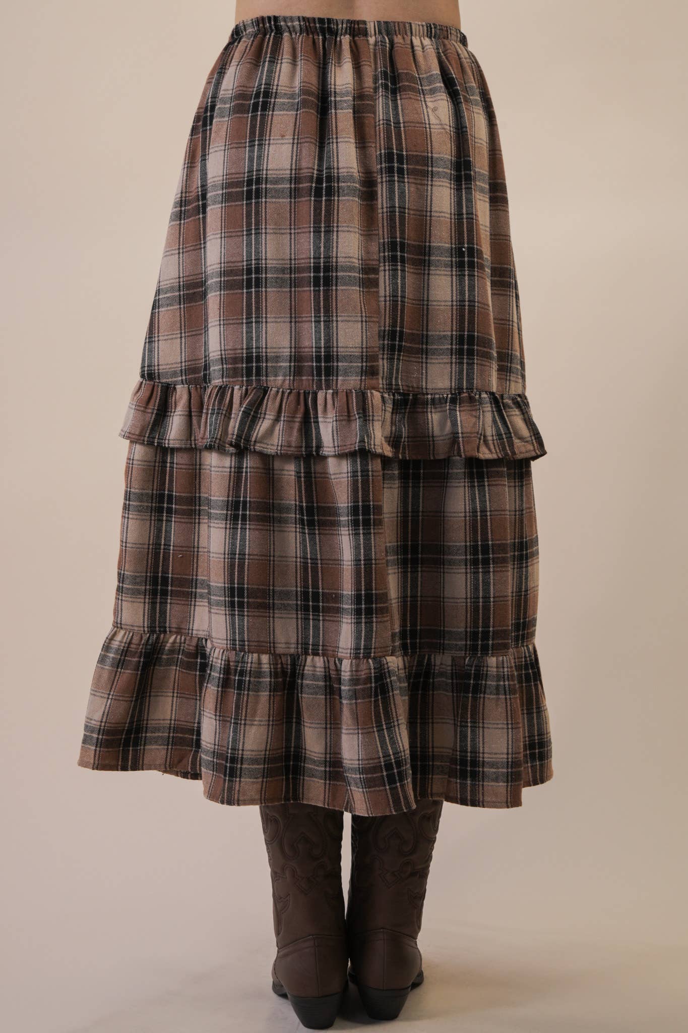 Ruffle Plaid Tiered Midi Skirt