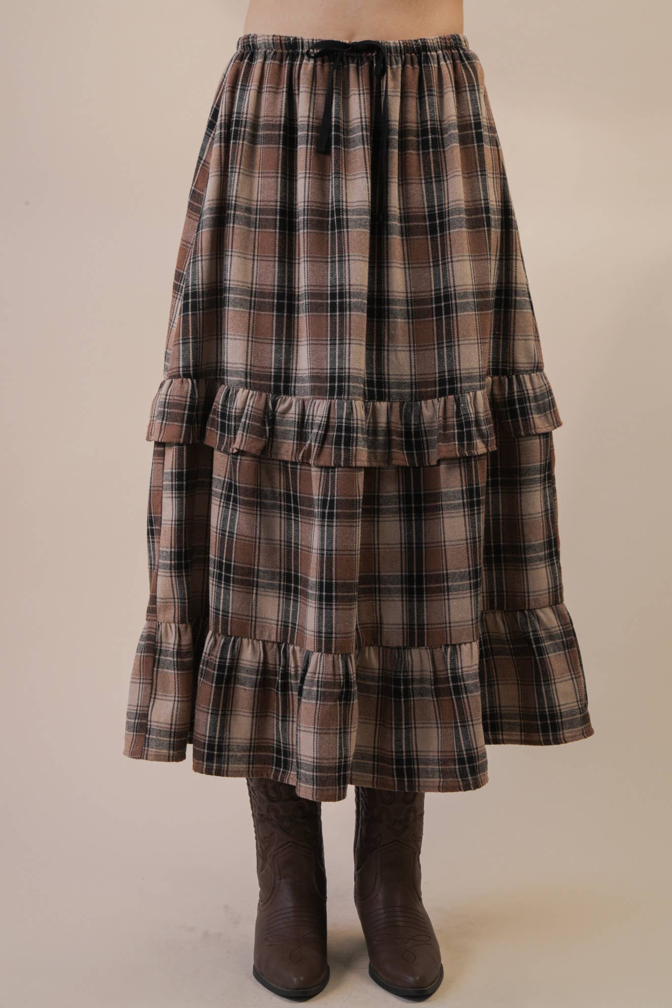 Ruffle Plaid Tiered Midi Skirt