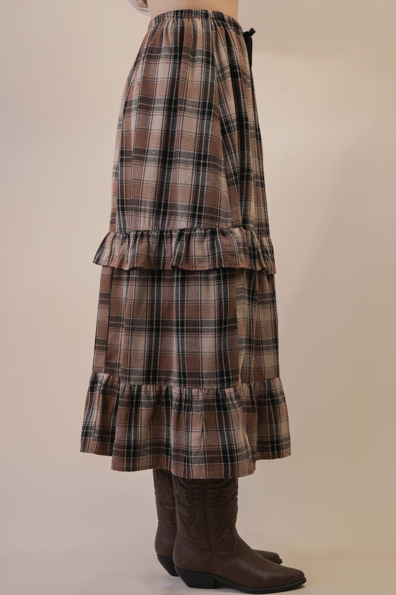 Ruffle Plaid Tiered Midi Skirt