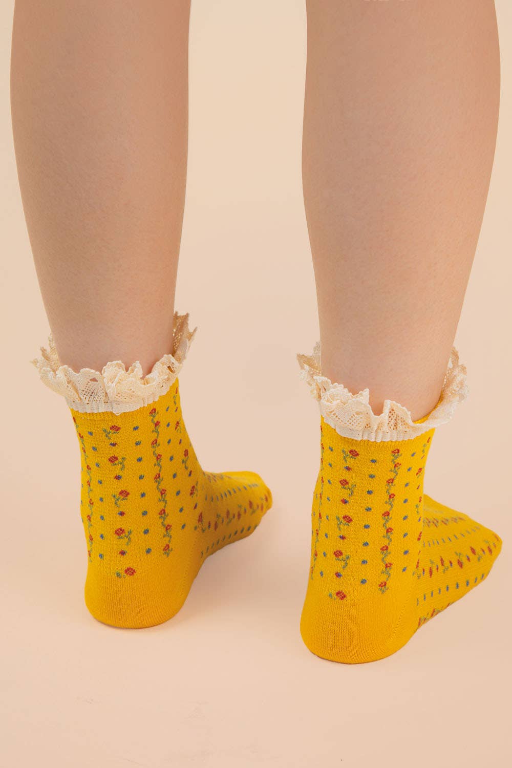 Yellow Lace Trim Floral Crew Socks