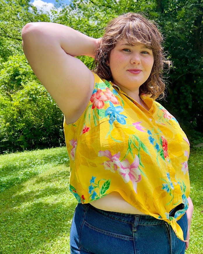 Hawaiian Yellow Tie Top 3X Vintage