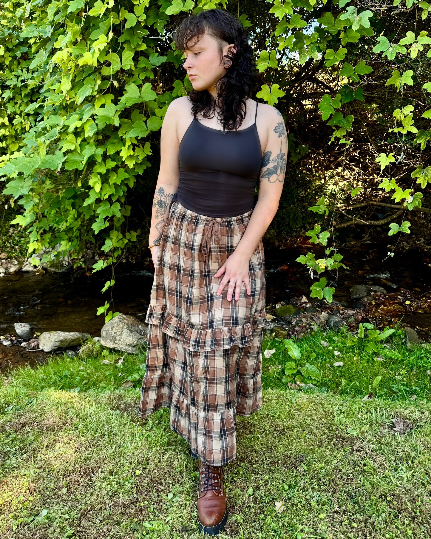 Ruffle Plaid Tiered Midi Skirt
