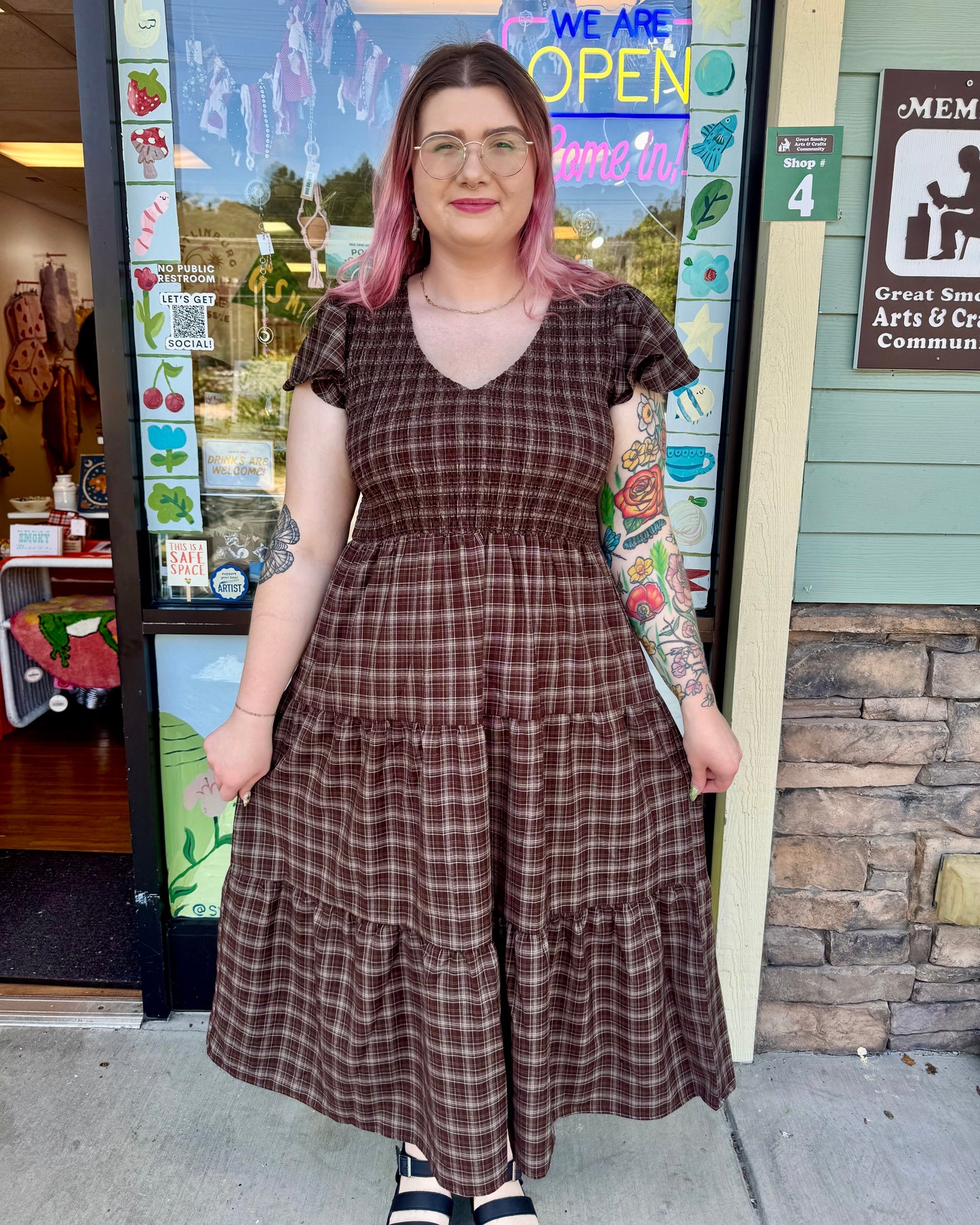 Plus Plaid Smocked Midi Dress