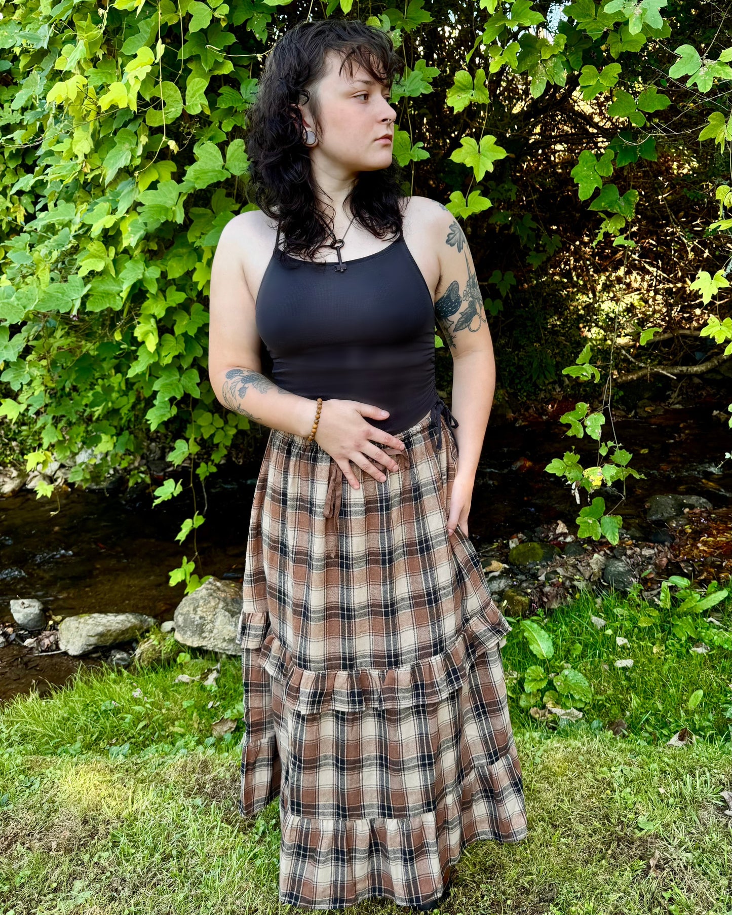 Ruffle Plaid Tiered Midi Skirt