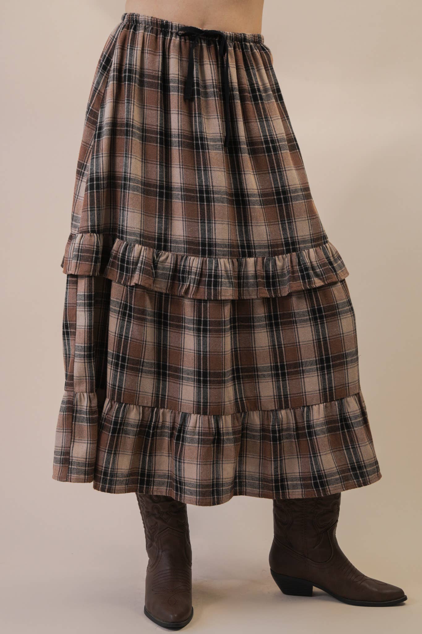 Ruffle Plaid Tiered Midi Skirt