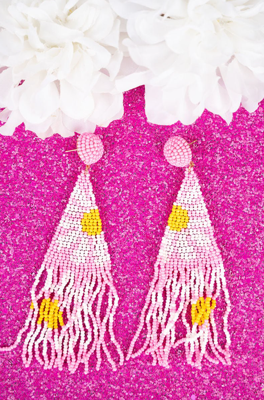 Pink Daisy Fringe Beaded Earrings