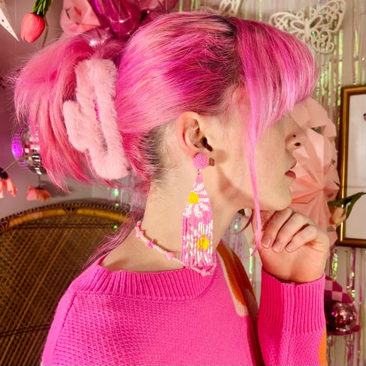 Pink Daisy Fringe Beaded Earrings
