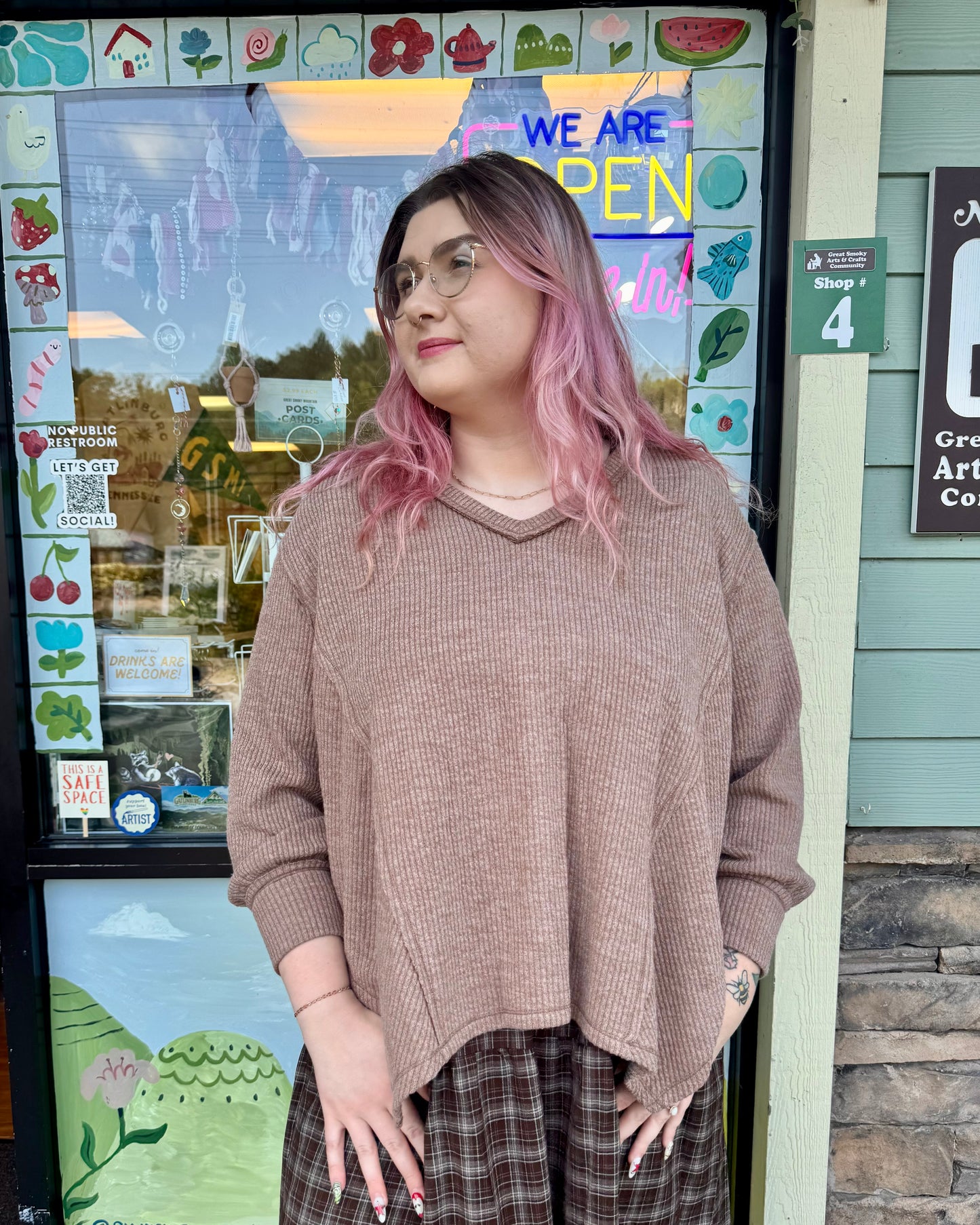 Plus Mocha V-Neck Knit Top