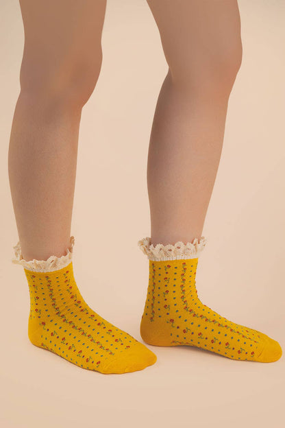 Yellow Lace Trim Floral Crew Socks