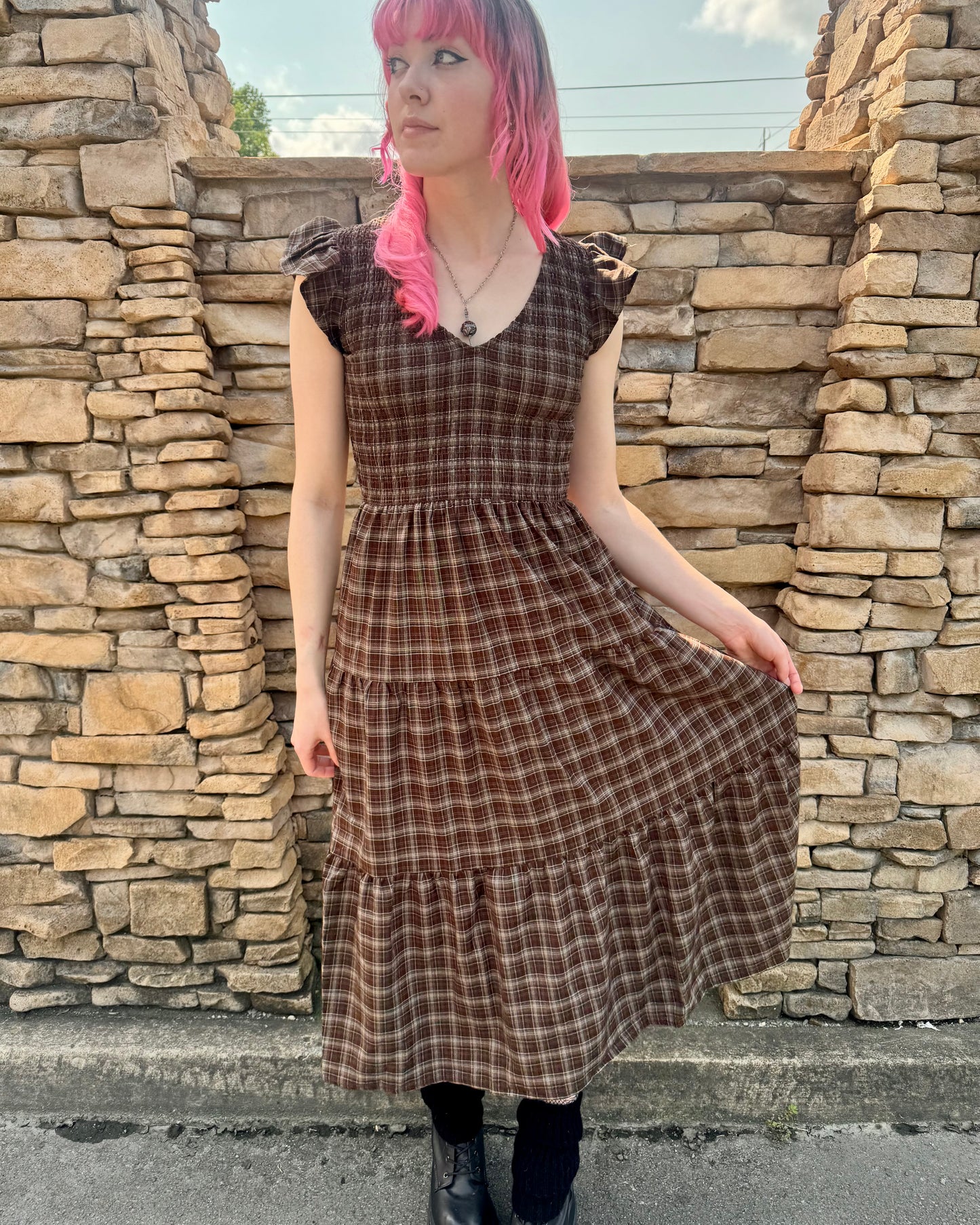 Plaid Smocked Midi Dress