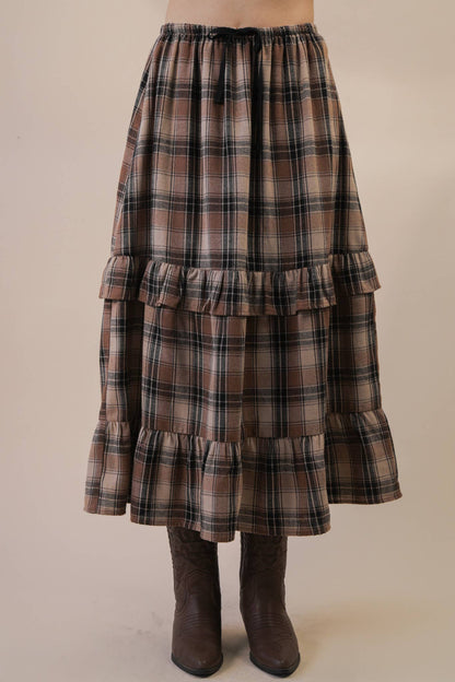 Ruffle Plaid Tiered Midi Skirt