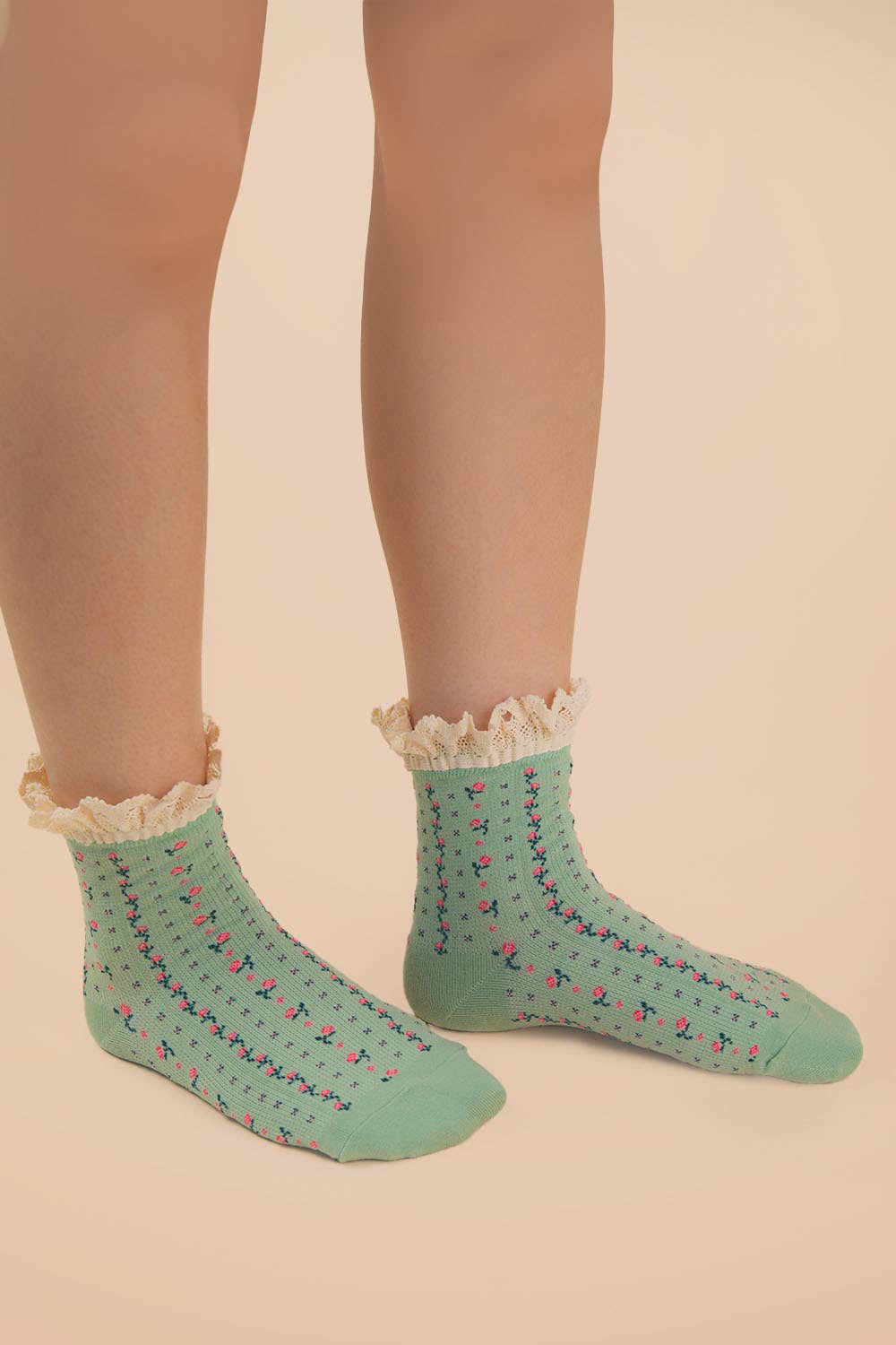 Teal Lace Trim Floral Crew Socks