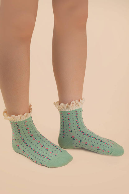 Teal Lace Trim Floral Crew Socks