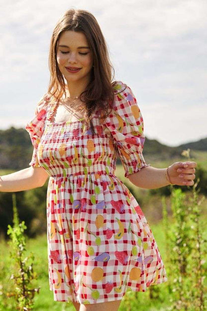 Fruit Picnic Puff Mini Dress