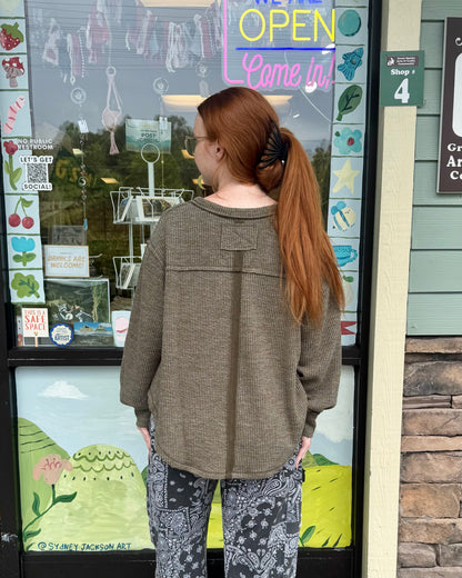 Olive V-Neck Knit Top