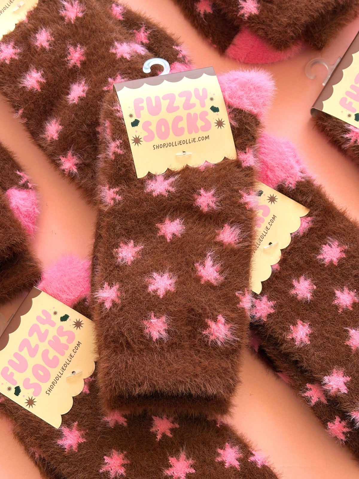 Brown + Pink Fuzzy Star Socks