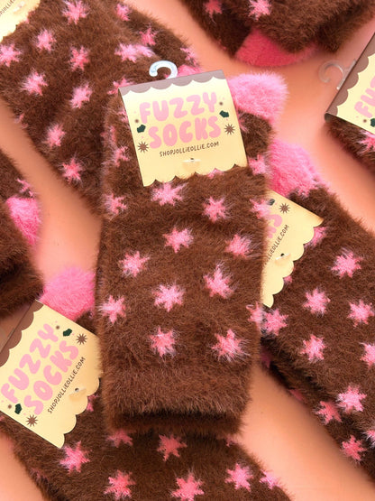 Brown + Pink Fuzzy Star Socks