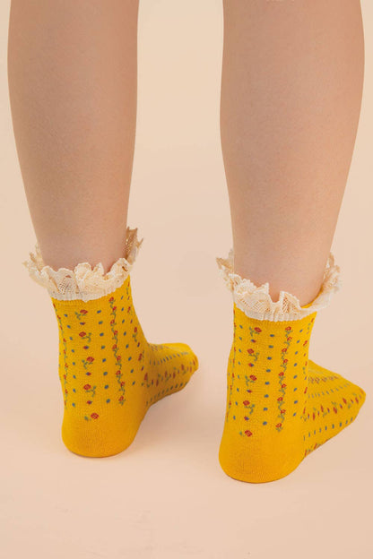 Yellow Lace Trim Floral Crew Socks