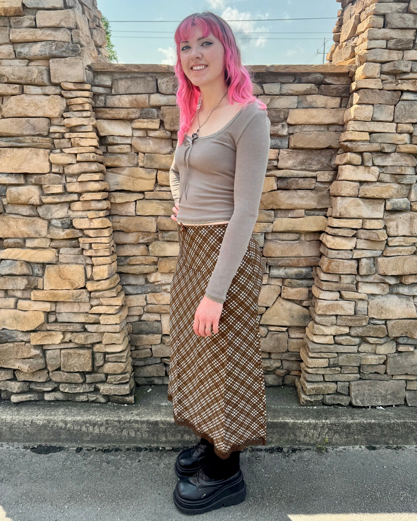 Chocolate Plaid Slip Midi Skirt