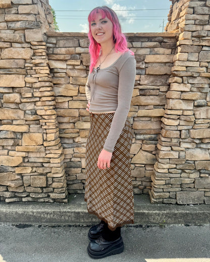 Chocolate Plaid Slip Midi Skirt