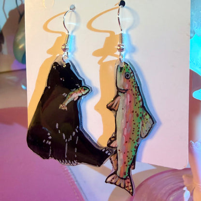 Bear and Rainbow Trout Shrinky Dink Earrings