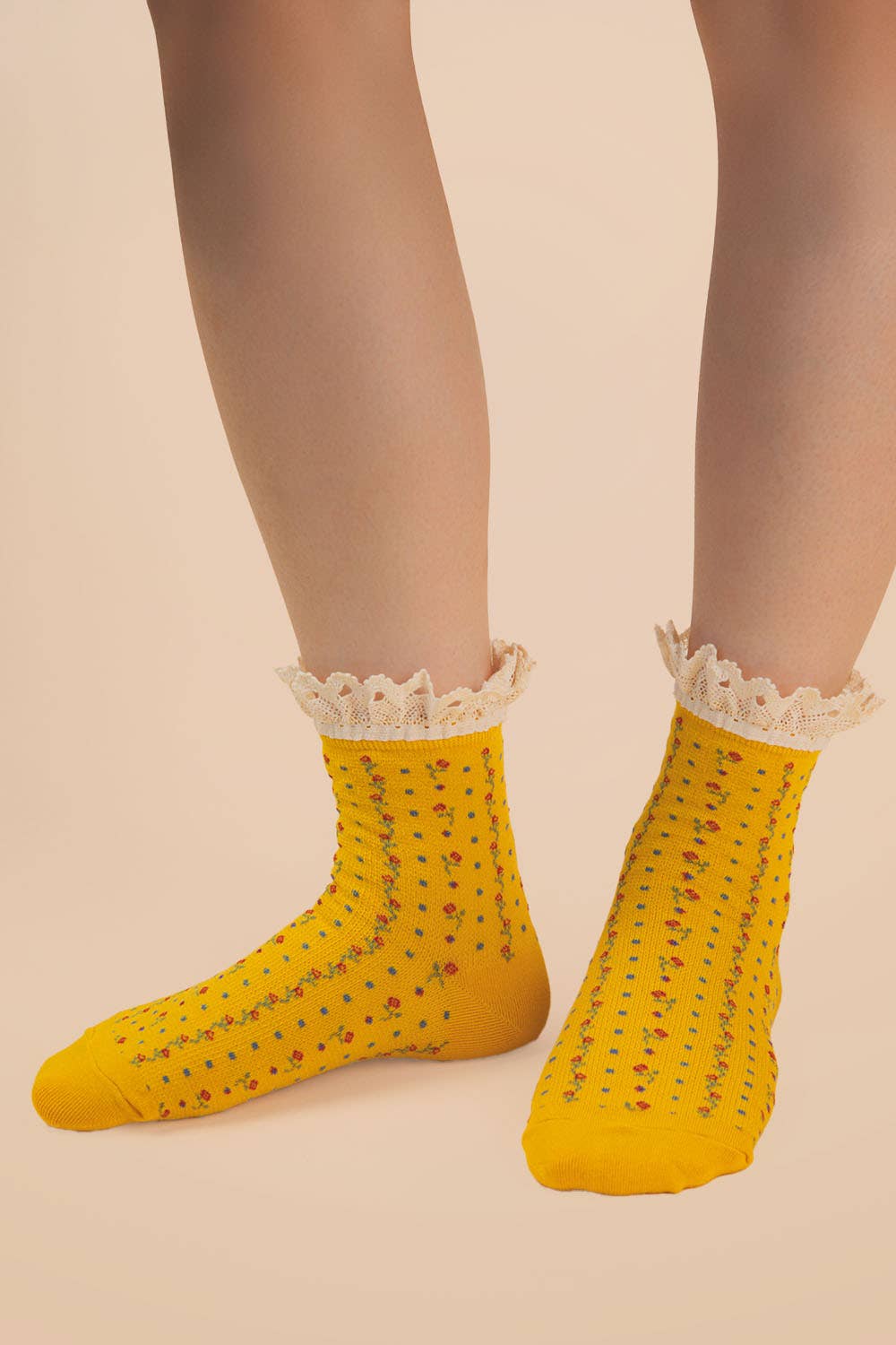 Yellow Lace Trim Floral Crew Socks