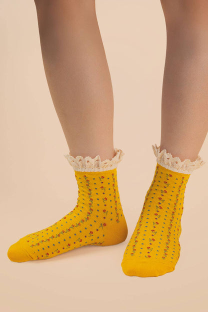 Yellow Lace Trim Floral Crew Socks
