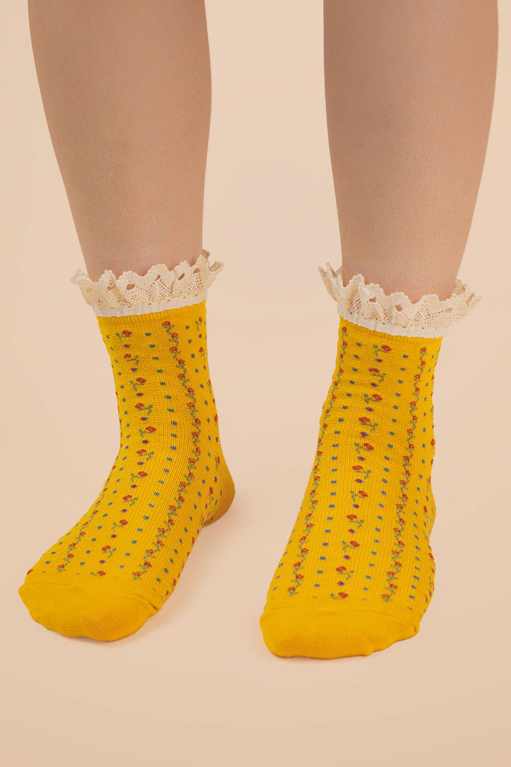 Yellow Lace Trim Floral Crew Socks