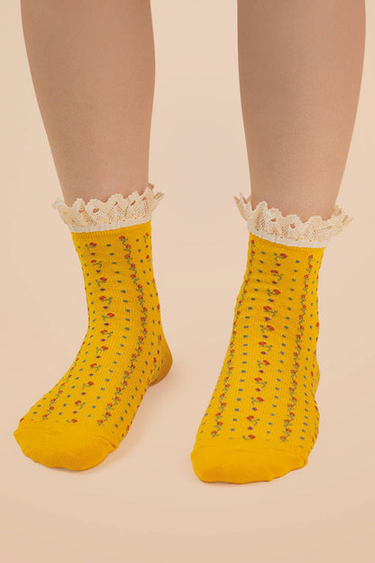 Yellow Lace Trim Floral Crew Socks