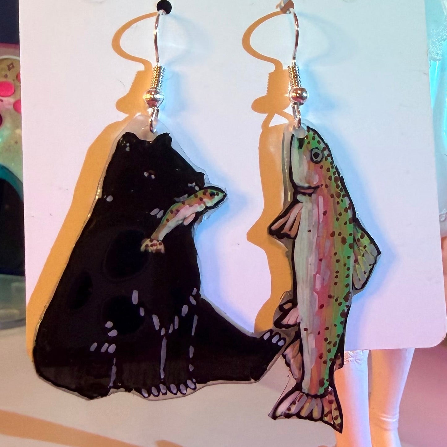 Bear and Rainbow Trout Shrinky Dink Earrings