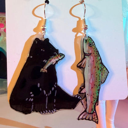 Bear and Rainbow Trout Shrinky Dink Earrings