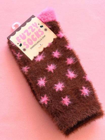 Brown + Pink Fuzzy Star Socks