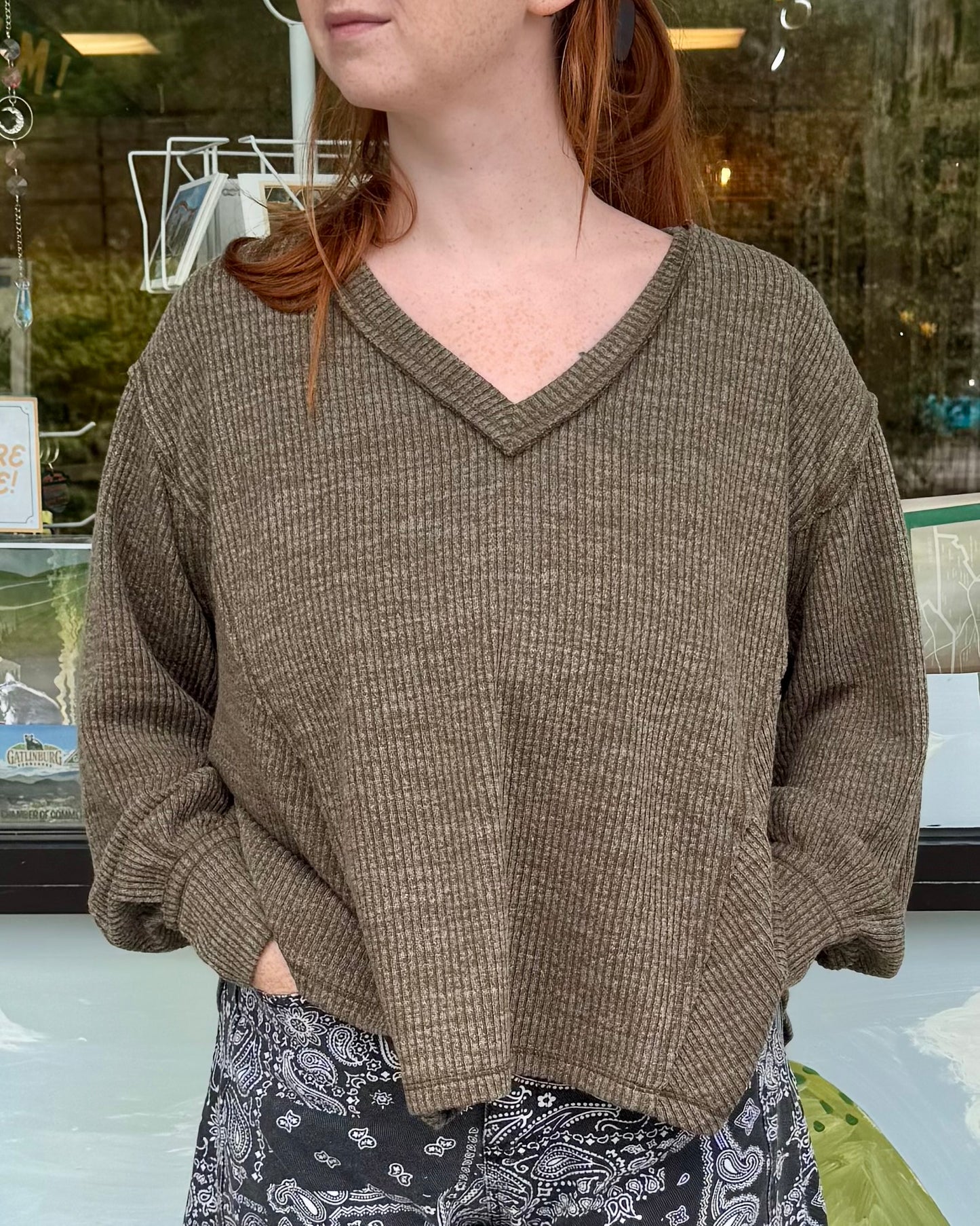Olive V-Neck Knit Top