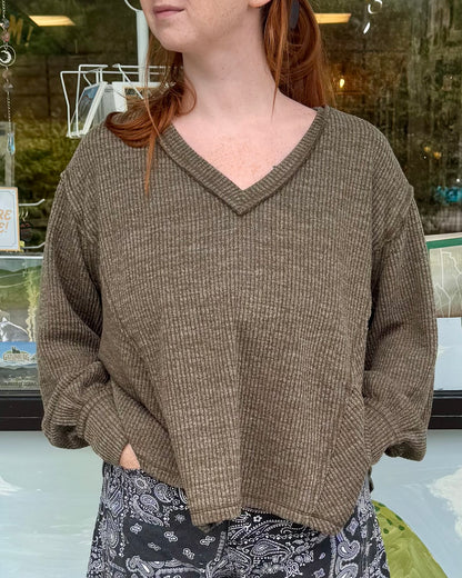 Olive V-Neck Knit Top