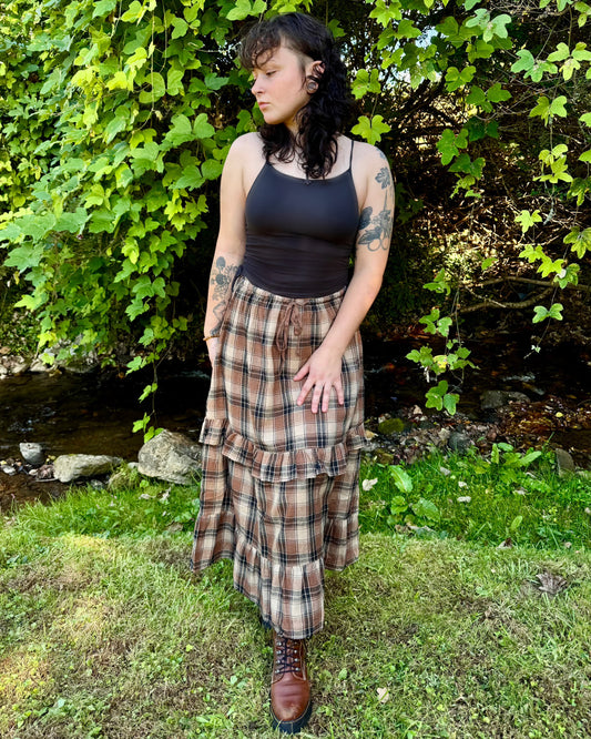 Ruffle Plaid Tiered Midi Skirt