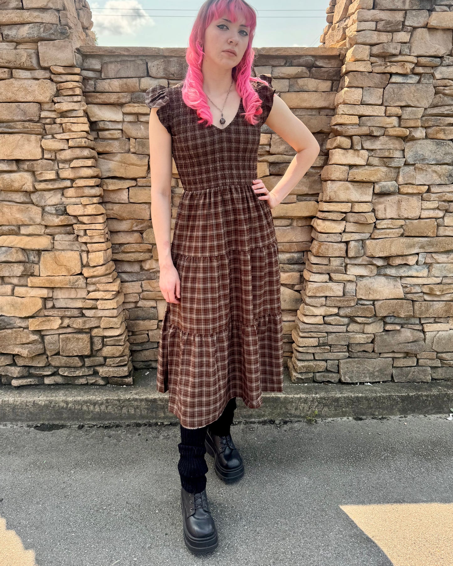 Plaid Smocked Midi Dress