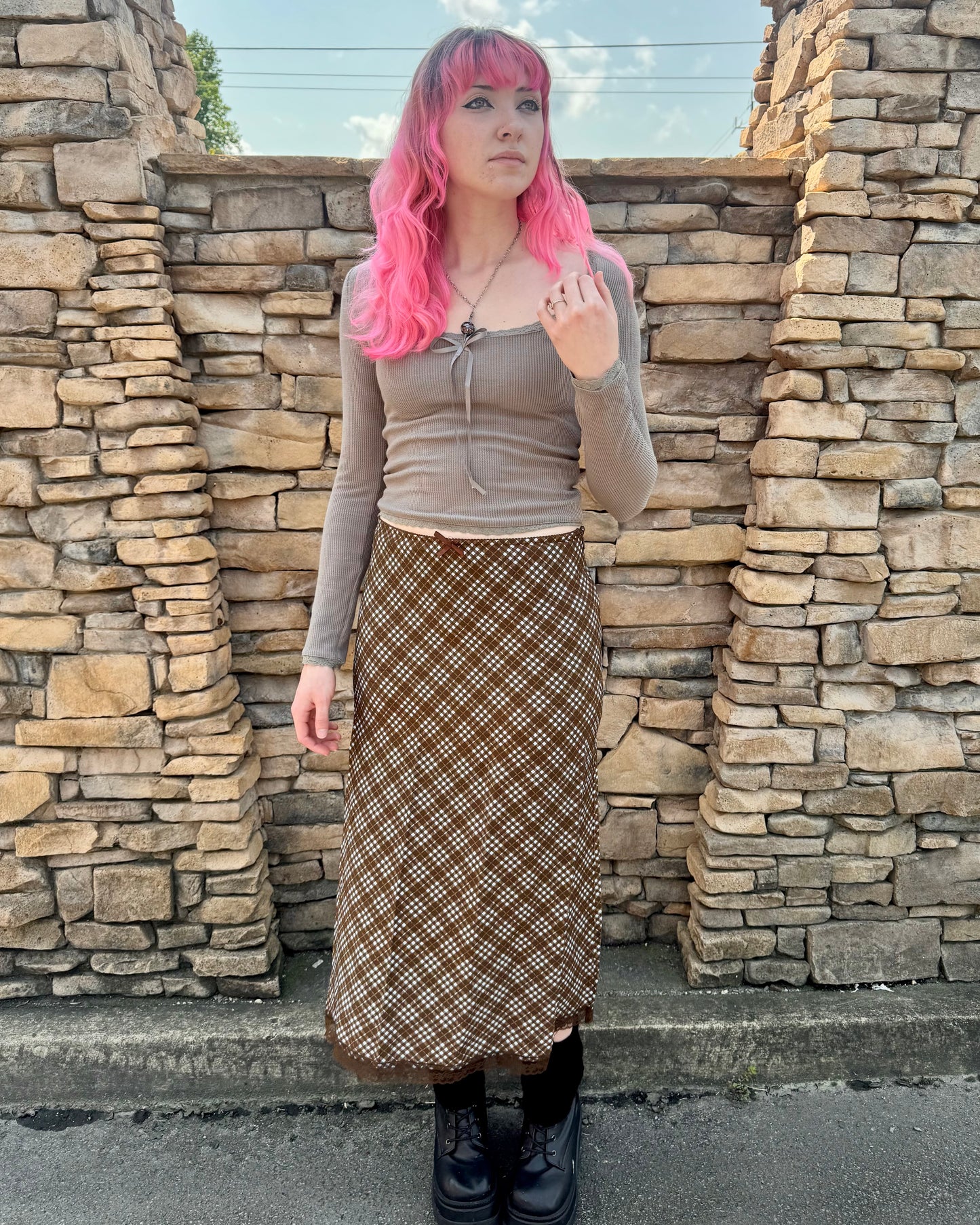 Chocolate Plaid Slip Midi Skirt