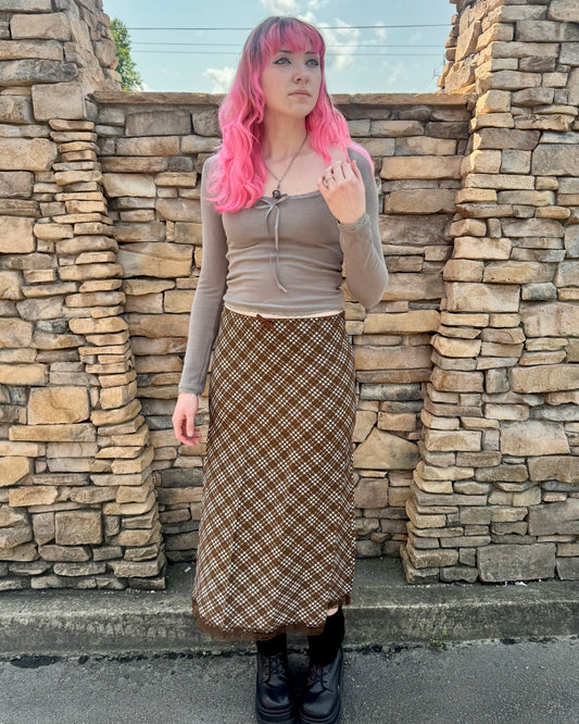 Chocolate Plaid Slip Midi Skirt