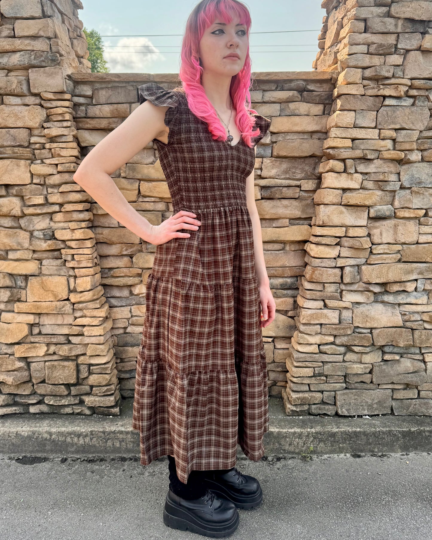 Plaid Smocked Midi Dress