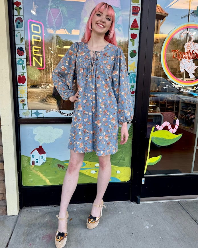 Vintage Florals Denim Tie Dress