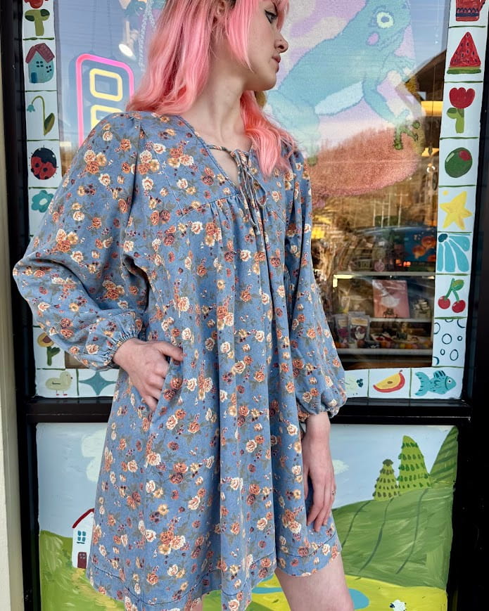 Vintage Florals Denim Tie Dress