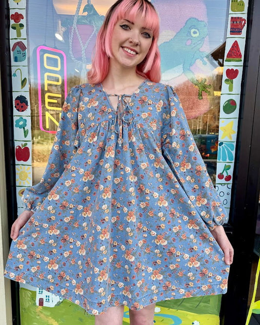 Vintage Florals Denim Tie Dress