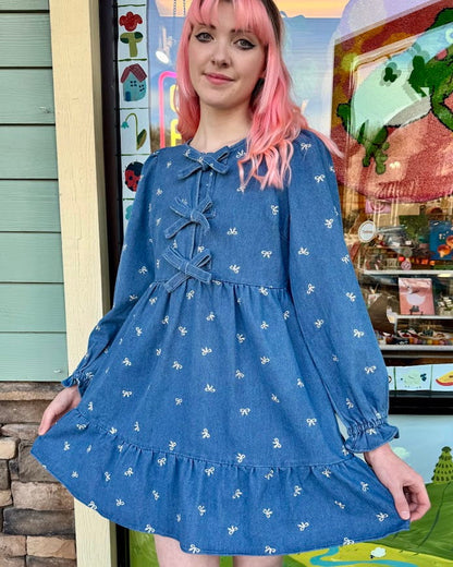 Washed Denim Bow Mini Dress