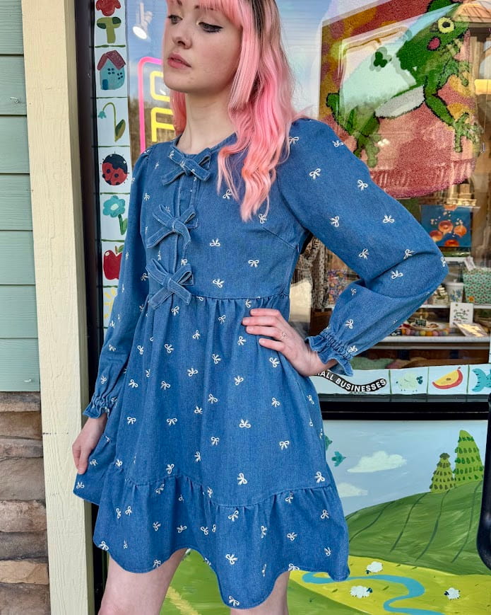 Washed Denim Bow Mini Dress