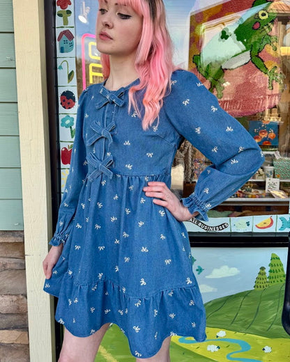 Washed Denim Bow Mini Dress