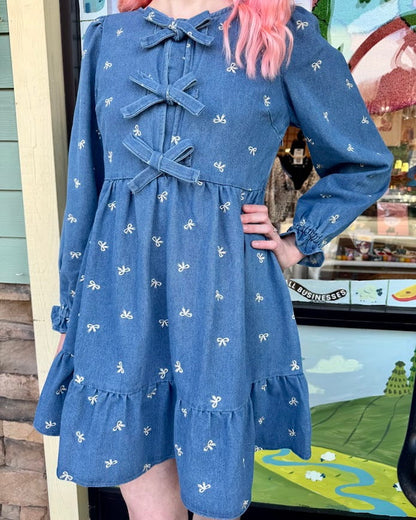Washed Denim Bow Mini Dress