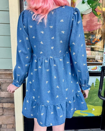 Washed Denim Bow Mini Dress