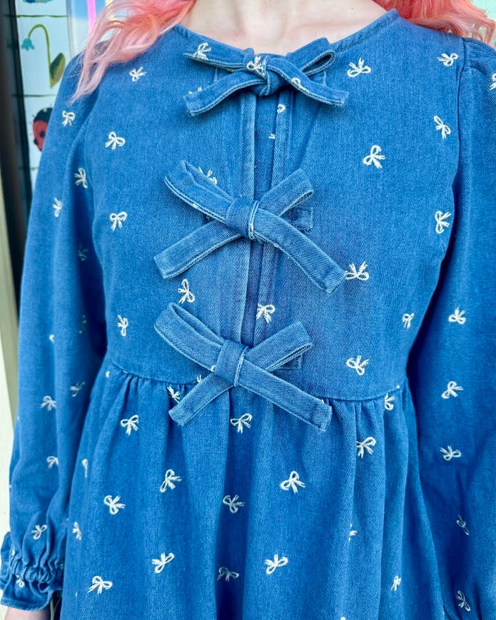 Washed Denim Bow Mini Dress