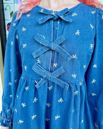 Washed Denim Bow Mini Dress