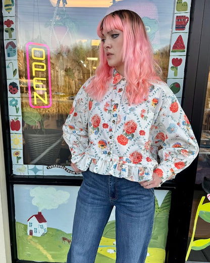 Vintage Bouquet Denim Blouse